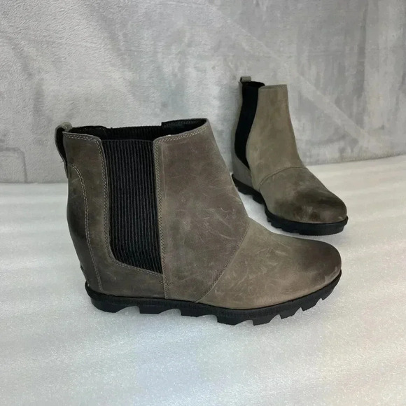 Sorel Boots Womens 11 Joan Of Arctic Chelsea Slip On Wedge Booties Brown Leather - Picture 1 of 16